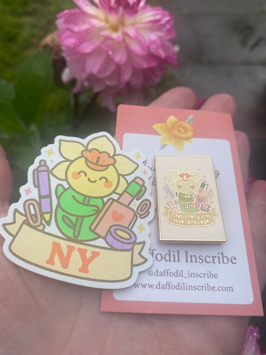 Ny Enamel Pin & Vinyl Sticker Set – Gentle Companion for Your Journaling Journey